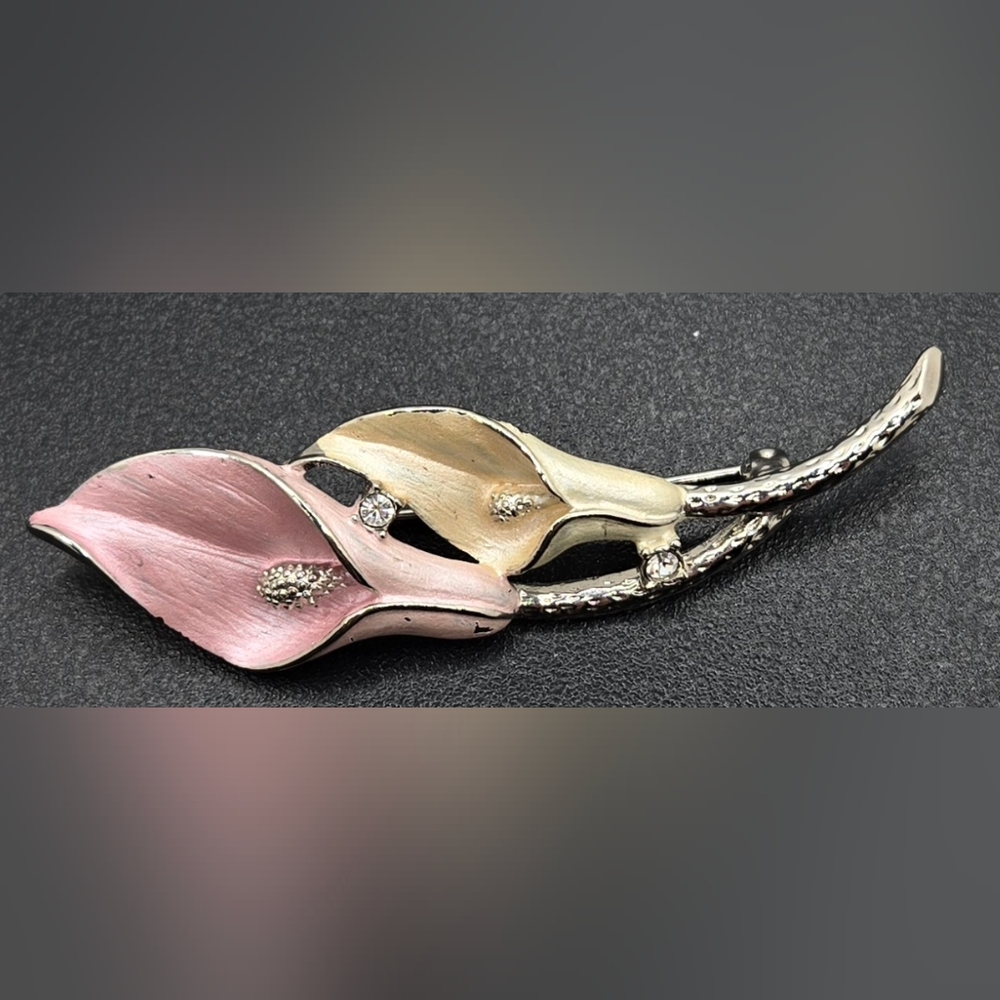 🌼 Calla Lilies Brooch Silver Tone Pink Cream Enamel Clear Rhinestone